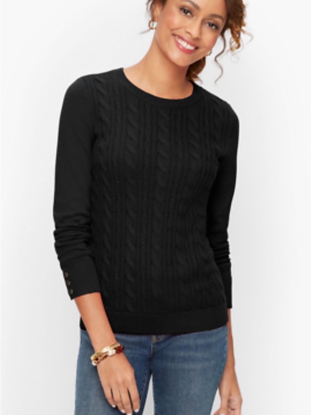 Talbots Black Cable-Front Crewneck Sweater